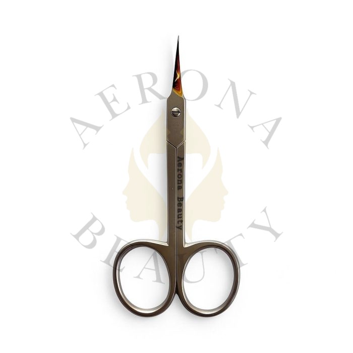 Professional manicure scissors with curved sharp tip by Aerona Beauty, model AB-1601, stainless steel grooming tool for precise nail and cuticle trimming.