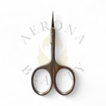 Stainless steel cuticle scissors with sharp curved blades and double finger rings.