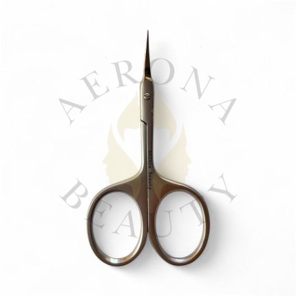 Stainless steel cuticle scissors with sharp curved blades and double finger rings.