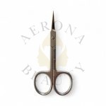 Stainless steel cuticle scissors with sharp pointed blades for precise nail trimming.